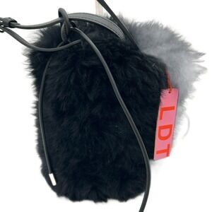 LDT Bucket Bag Black Gray‎ Faux Fur Drawstring Shoulder Crossbody Purse